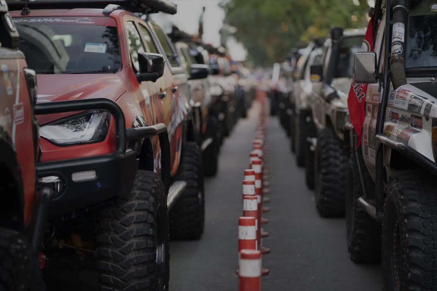 Multiple off-road vehicles staged for the Borneo Safari event